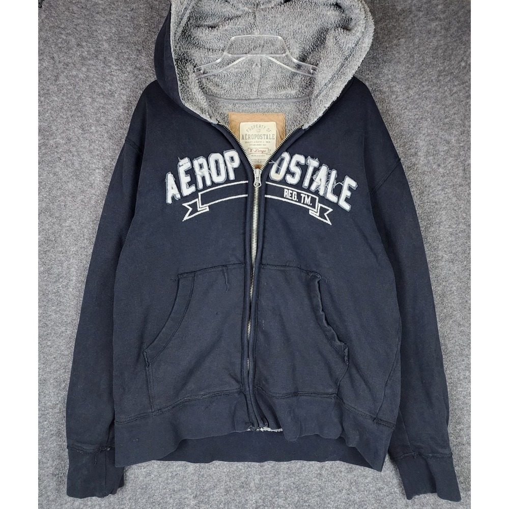 Aeropostale Hoodie Mens XL Full Zip Navy Blue Sherpa Lined Logo Graphic Good
